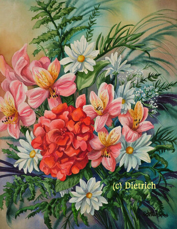 Bouquet estival - geranium, marguerite, alstroemeria
